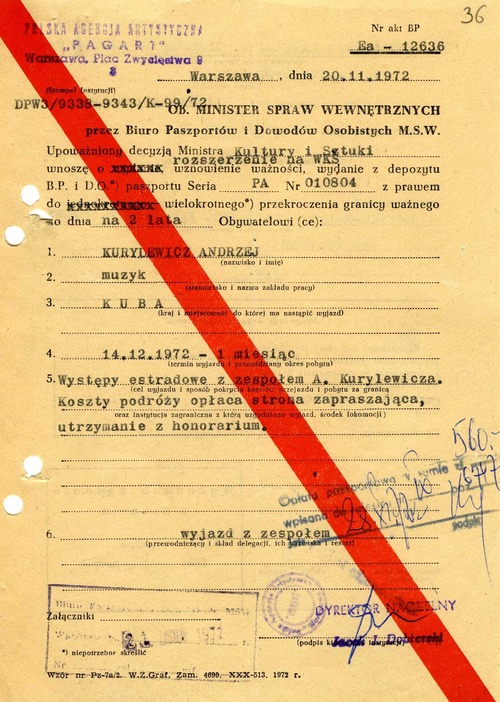 Wniosek do Biura Paszportów i Dowodów Osobistych MSW dotyczący wydania Andrzejowi Kurylewiczowi paszportu na występy na Kubie (z zasobu AIPN)