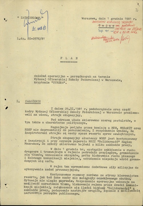 Plan działań pacyfikacyjnych (w nomenklaturze milicyjnej: „operacyjno-porządkowych”) Komendy Stołecznej Milicji Obywatelskiej wobec strajkujących w WOSP (pierwsza strona). Operacja została oznaczona kryptonimem „Syrena”. Warszawa, 1 grudnia 1981 r. (z zasobu AIPN)
