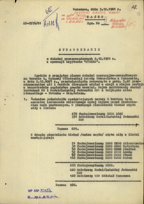 Sprawozdanie Wydziału Wojewódzkiego Stanowiska Kierowania KS MO z operacji krypt. „Syrena” – pacyfikacji strajku w WOSP 2 grudnia 1981 r. (pierwsza strona). W dokumencie mowa jest m.in. o kordonach milicyjnych i wojskowych wokół uczelni. Warszawa, 3 grudnia 1981 r. (z zasobu AIPN)