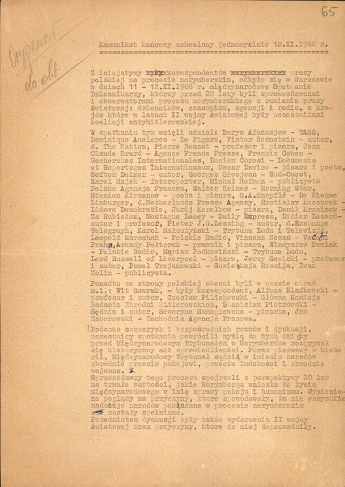 Final Communiqué of the Reunion of Former Nuremberg Correspondents, November 12, 1966. From the Archives of the Institute of National Remembrance