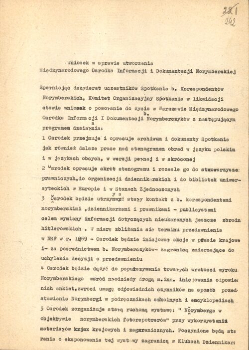 Motion to establish the International Nuremberg Information and Documentation Centre. From the Archives of the Institute of National Remembrance