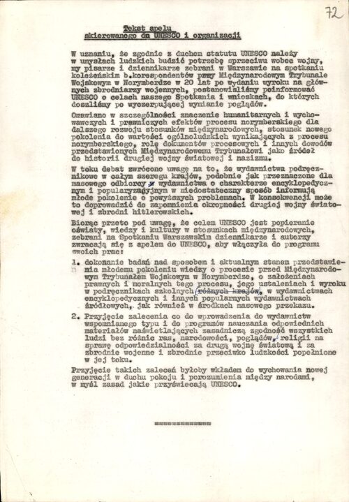 Appeal of the participants of the Reunion of Former Nuremberg Correspondents to UNESCO. From the Archives of the Institute of National Remembrance