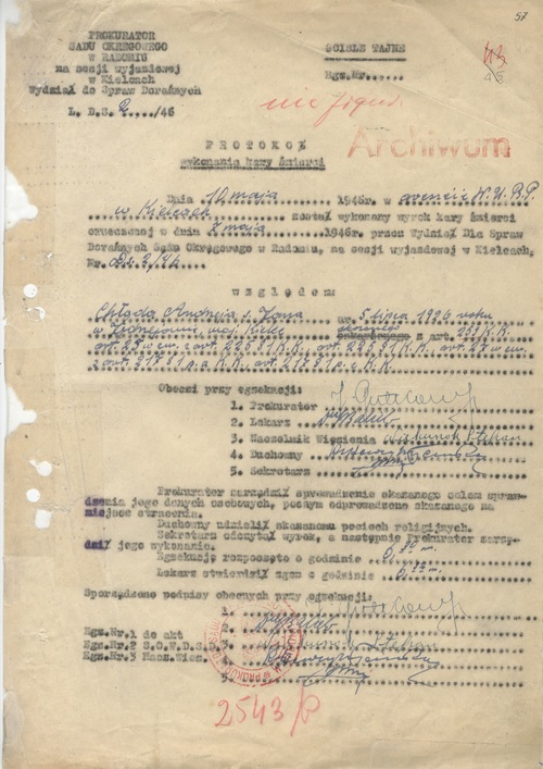 Protokół wykonania kary śmierci względem Andrzeja Chląda, 10 maja 1946 r.