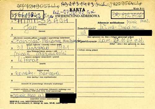 Jan Himilsbach, karta ewidencyjno-adresowa (Kartoteka ewidencyjno-adresowa m.st. Warszawy, z zasobu AIPN)