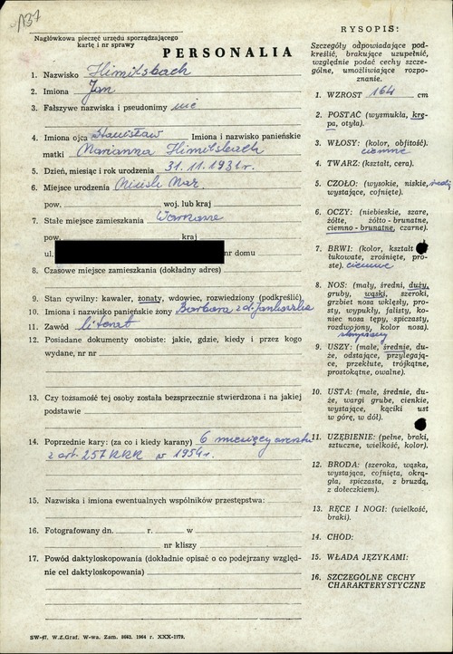 Jan Himilsbach, karta personalna do karty daktyloskopijnej (z zasobu AIPN)