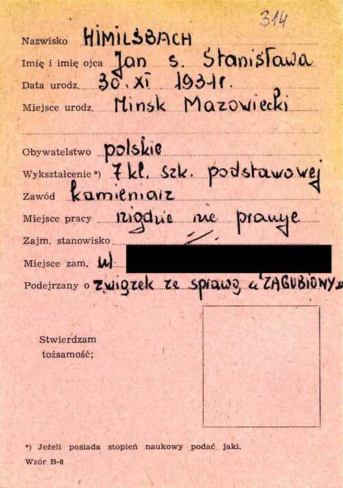 Jan Himilsbach, karta ewidencyjna (Kartoteka Biura B MSW, z zasobu AIPN)