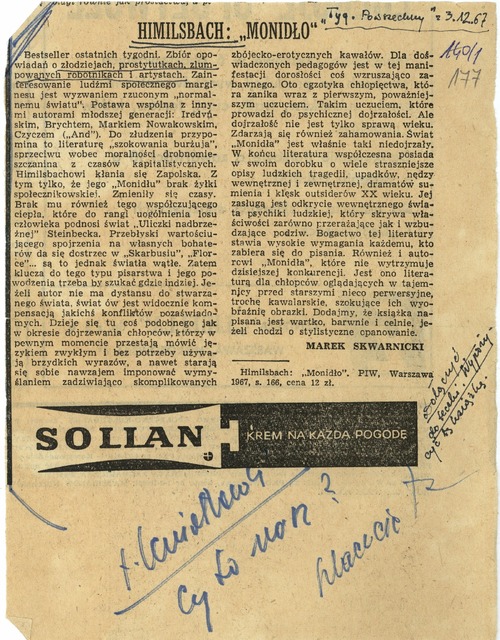 Recenzja zbioru opowiadań Jana Himilsbacha pt. „Monidło”, „Tygodnik Powszechny” z 3 grudnia 1967 r. (z zasobu AIPN)
