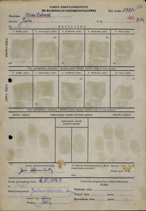Jan Himilsbach, karta daktyloskopijna do rejestracji dziesięciopalcowej (z zasobu AIPN)