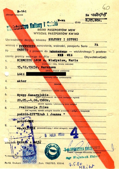 Kwestionariusz Biura Paszportów MSW Wydział Paszportów KW MO dotyczący wydania paszportu Leona Niemczyka w związku z realizacją filmu „Krab i Joanna” (z zasobu IPN)