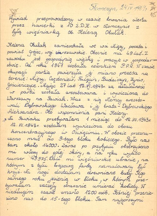 Wywiad przeprowadzony przez harcerzy z 10. Drużyny Harcerskiej w Słomczynie k. Grójca z byłą więźniarką KL Auschwitz-Birkenau p. Heleną Otulak (z zasobu IPN)