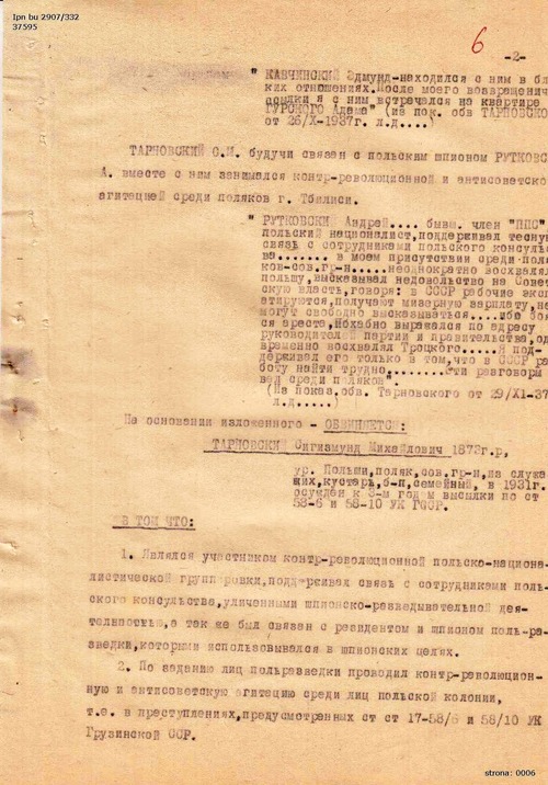 Końcowy akt oskarżenia w sprawie przeciwko Zygmuntowi Tarnowskiemu, s. 1. Tbilisi, grudzień 1937 r. Dokument pochodzi z akt śledztwa pozyskanych do zasobu IPN z Archiwum MSW Gruzji (z zasobu IPN)