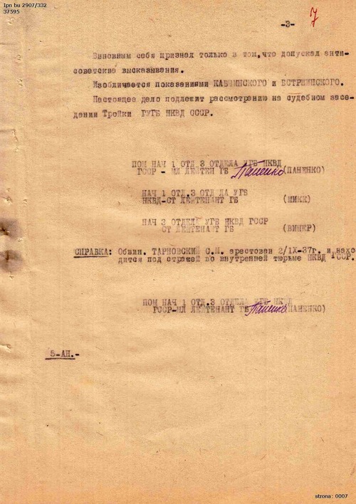 Końcowy akt oskarżenia w sprawie przeciwko Zygmuntowi Tarnowskiemu, s. 1. Tbilisi, grudzień 1937 r. Dokument pochodzi z akt śledztwa pozyskanych do zasobu IPN z Archiwum MSW Gruzji (z zasobu IPN)