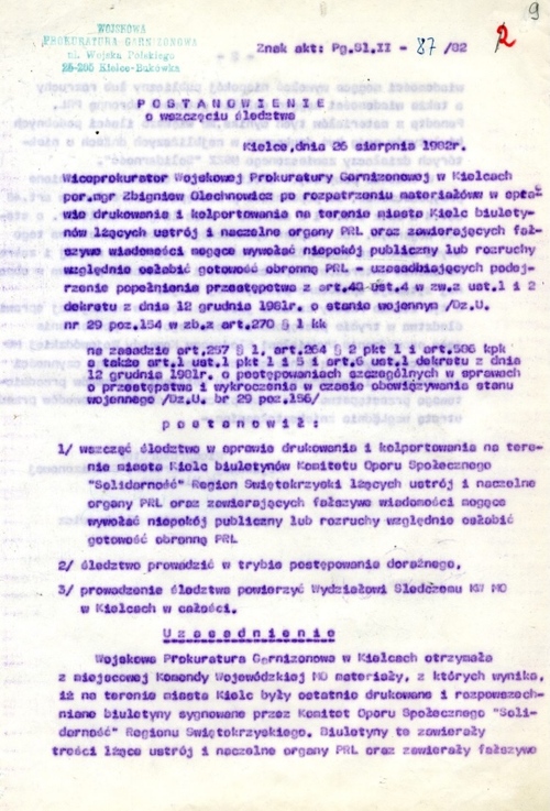 Postanowienie o wszczęciu śledztwa przez prokuraturę przeciw grupie KOS