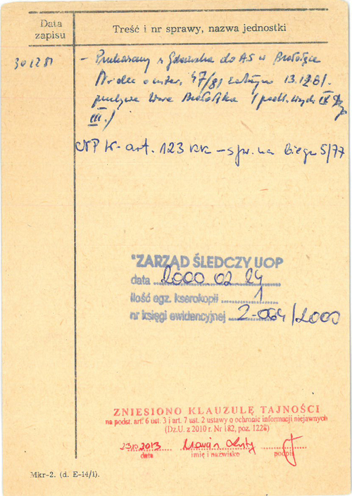 Jacek Kuroń – karta z kartoteki osób internowanych w okresie stanu wojennego (z zasobu IPN)