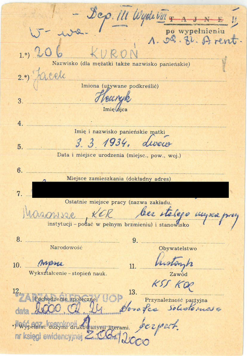 Jacek Kuroń – karta z kartoteki osób internowanych w okresie stanu wojennego (z zasobu IPN)