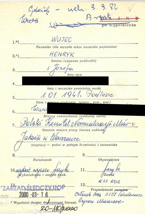 Henryk Wujec – karta z kartoteki osób internowanych w okresie stanu wojennego