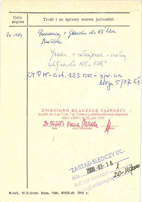 Henryk Wujec – karta z kartoteki osób internowanych w okresie stanu wojennego