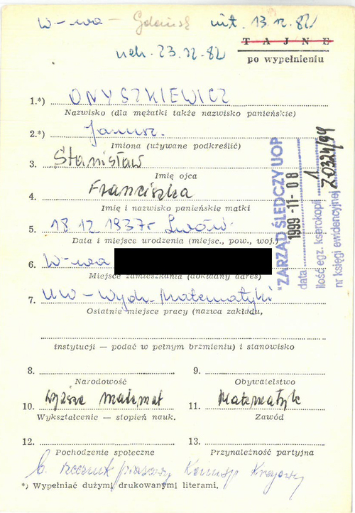 Janusz Onyszkiewicz – karta z kartoteki osób internowanych w okresie stanu wojennego