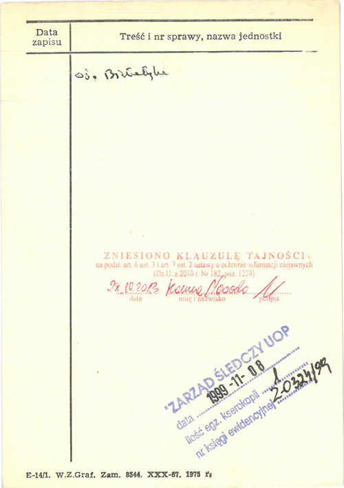 Janusz Onyszkiewicz – karta z kartoteki osób internowanych w okresie stanu wojennego