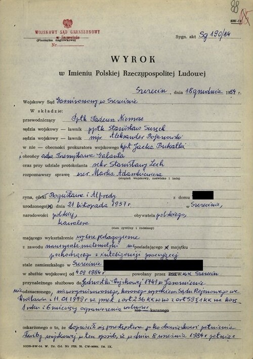 Wyrok Wojskowego Sądu Garnizonowego w Szczecinie w sprawie Marka Adamkiewicza, 18 XII 1984 r. (z zasobu IPN)