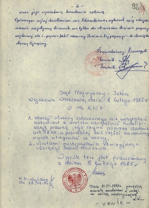 Wyrok Wojskowego Sądu Garnizonowego w Szczecinie w sprawie Marka Adamkiewicza, 18 XII 1984 r.