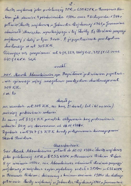 Wyrok Wojskowego Sądu Garnizonowego w Szczecinie w sprawie Marka Adamkiewicza, 18 XII 1984 r.
