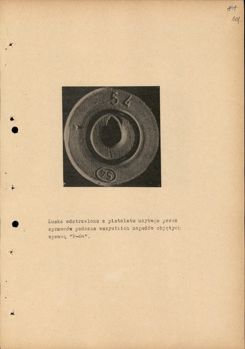 Łuska z pistoletu użytego m.in. podczas napadu na bank przy ul. Jasnej (z zasobu IPN)