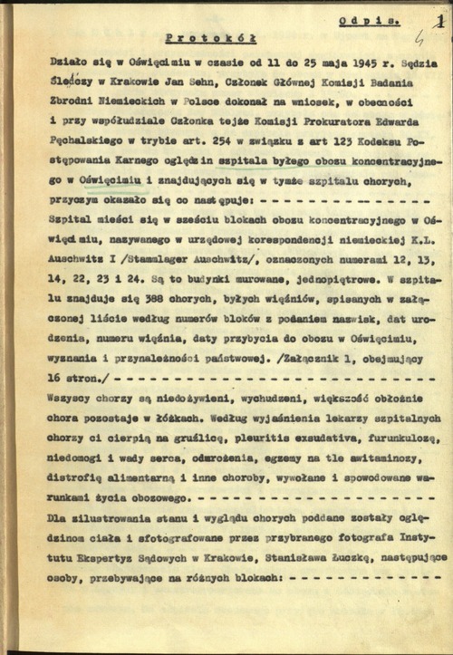 Pierwsza strona odpisu protokołu sędziego Jana Sehna z oględzin szpitala obozowego b. KL Auschwitz-Birkenau i znajdujących się tam chorych, maj 1945 r. (z zasobu AIPN)