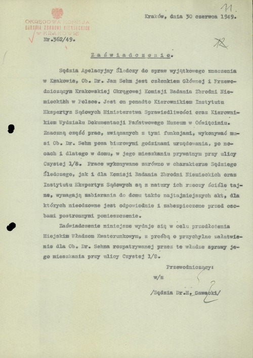 Zaświadczenie wydane Janowi Sehnowi przez Okręgową Komisję Badania Zbrodni Niemieckich w Krakowie w dniu 30 czerwca 1949 r. (fot. z zasobu AIPN)