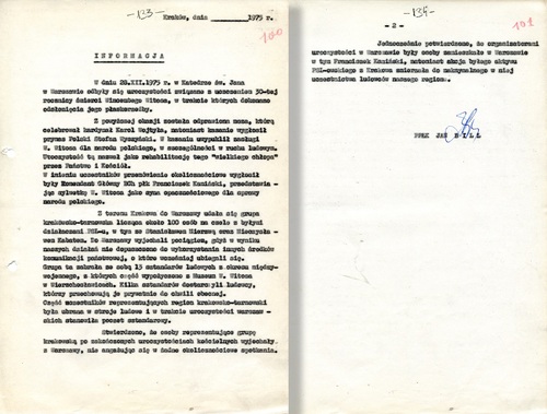 Informacja naczelnika Wydziału III SB w Krakowie, ppłk. Jana Billa, w sprawie uroczystości z okazji 30. rocznicy śmierci Wincentego Witosa, sporządzona na podstawie doniesień tajnego współpracownika pseudonim „Leon” (z zasobu AIPN)