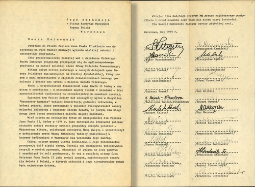 Uroczysty adres działaczy ludowych do prymasa Polski, kard. Stefana Wyszyńskiego z okazji pierwszej pielgrzymki do Polski papieża Jana Pawła II, maj 1979 r. (z zasobu AIPN)