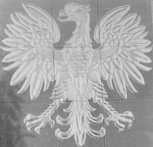 Godło Polskiej Rzeczypospolitej Ludowej – plansza przygotowana prawdopodobnie na wystawę resortu Ministerstwa Spraw Wewnętrznych o historii ruchu socjalistycznego i komunizmu, b.d. Fot. z zasobu AIPN