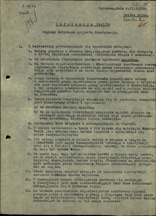 Informacja Departamentu V MSW na temat nastrojów społecznych i komentarzy dotyczących projektu Konstytucji PRL (pierwsza strona). Warszawa, 8 lutego 1952 r. Z zasobu AIPN