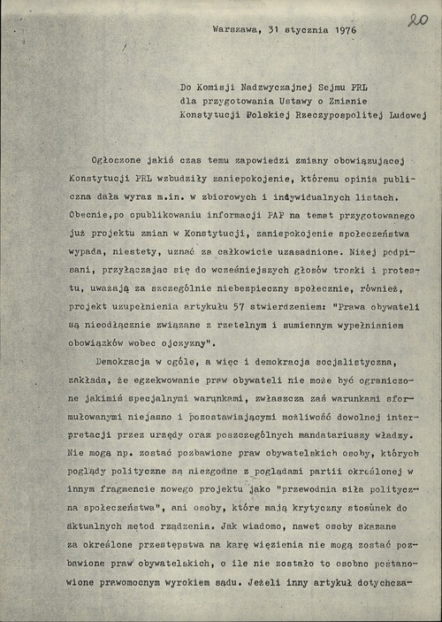 Tzw. Memoriał 101 – jeden z listów polskich intelektualistów wyrażających protest w związku z planowanymi zmianami w Konstytucji PRL (pierwsza strona). Warszawa, 31 stycznia 1976 r. Z zasobu IPN