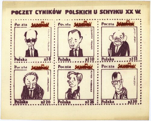 Stamps (from the anti-communist underground) from the series “Group of Polish cynics at the end of the 20th Century.” From the collections of the Institute of National Remembrance (from the Sławomir Lener collection)