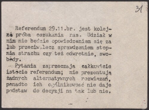 ...The questions completely contradict the essence of the referendum... From the collections of the Institute of National Remembrance (from the collection of Czesław Butkiewicz - posters and prints signed by NSZZ Solidarity and NZS)