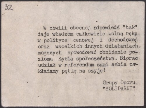 ...By taking part in the referendum, we are putting a noose around our own necks! From the collections of the Institute of National Remembrance (from the collection of Czesław Butkiewicz - posters and prints signed by NSZZ Solidarity and NZS)