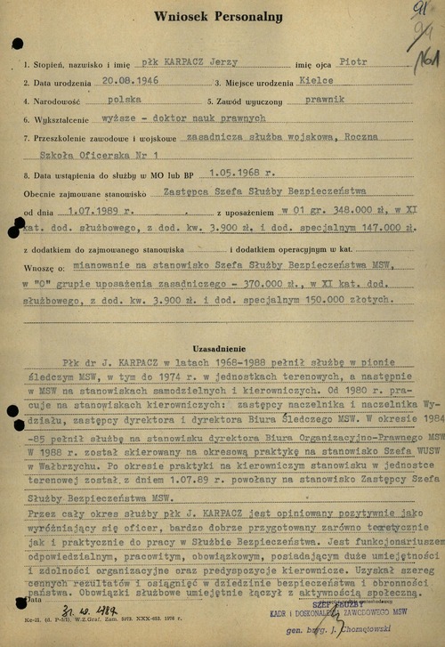 Wniosek personalny dotyczący mianowania Jerzego Karpacza na stanowisko szefa Służby Bezpieczeństwa MSW (z zasobu IPN)