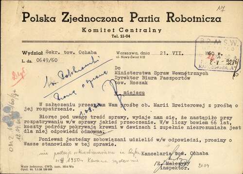 Jeden z dokumentów paszportowych Marii Breiter (z zasobu IPN)