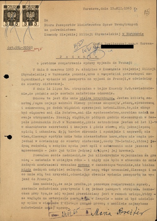 Jeden z dokumentów z akt paszportowych Marii Breiter (z jej własnoręcznym podpisem). Uwagę zwraca w nim treść odwołania od odmownej decyzji wydania paszportu w 1965 roku