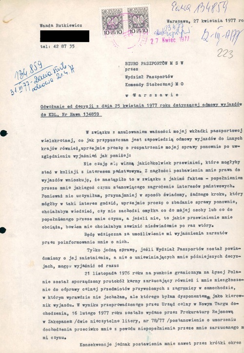 Odwołanie od decyzji dotyczącej odmowy wyjazdów do KDL wydanej Wandzie Rutkiewicz w 1977 roku (z zasobu IPN)
