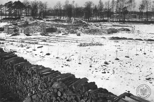 Pokryte śniegiem ruiny krematorium III w obozie zagłady KL Auschwitz-Birkenau – widok od strony południowo-wschodniej, zima 1945 r. (fot. Stanisław Mucha, z zasobu AIPN)