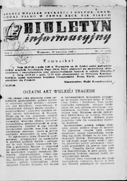 Fotokopia Biuletynu Informacyjnego z 29 kwietnia 1943 roku