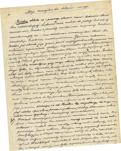 Pierwsza strona rękopisu W. Witosa pt. „Moje szczególne dla chłopów uwagi” (z zasobu AIPN)