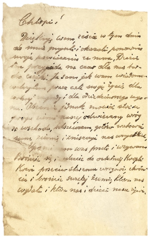 Rękopis Wincentego Witosa z tekstem przemówienia wzywającego chłopów do obrony Ojczyzny przed najazdem bolszewickim (z zasobu AIPN)