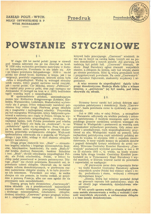 Pierwsza strona tekstu-pogadanki Zarządu Polityczno-Wychowawczego MO pt. „Powstanie Styczniowe” z lutego 1946 r. (z zasobu AIPN)