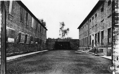 Podwórze i tzw. Ściana Śmierci przed blokiem nr 11 w obozie macierzystym KL Auschwitz po wyzwoleniu (fot. z zasobu AIPN)