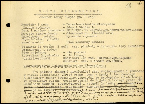 Karta ewidencyjna dotycząca Mieczysława Dziemieszkiewicza