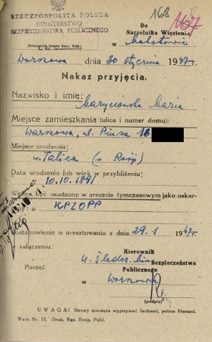 Nakaz przyjęcia Marii Marynowskiej do więzienia mokotowskiego, 30 stycznia 1947 r. (z zasobu IPN)