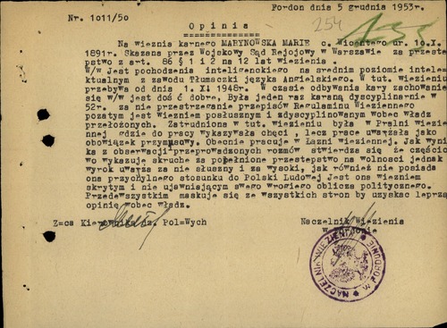 Opinia naczelnika więzienia w Fordonie k. Bydgoszczy o Marii Marynowskiej